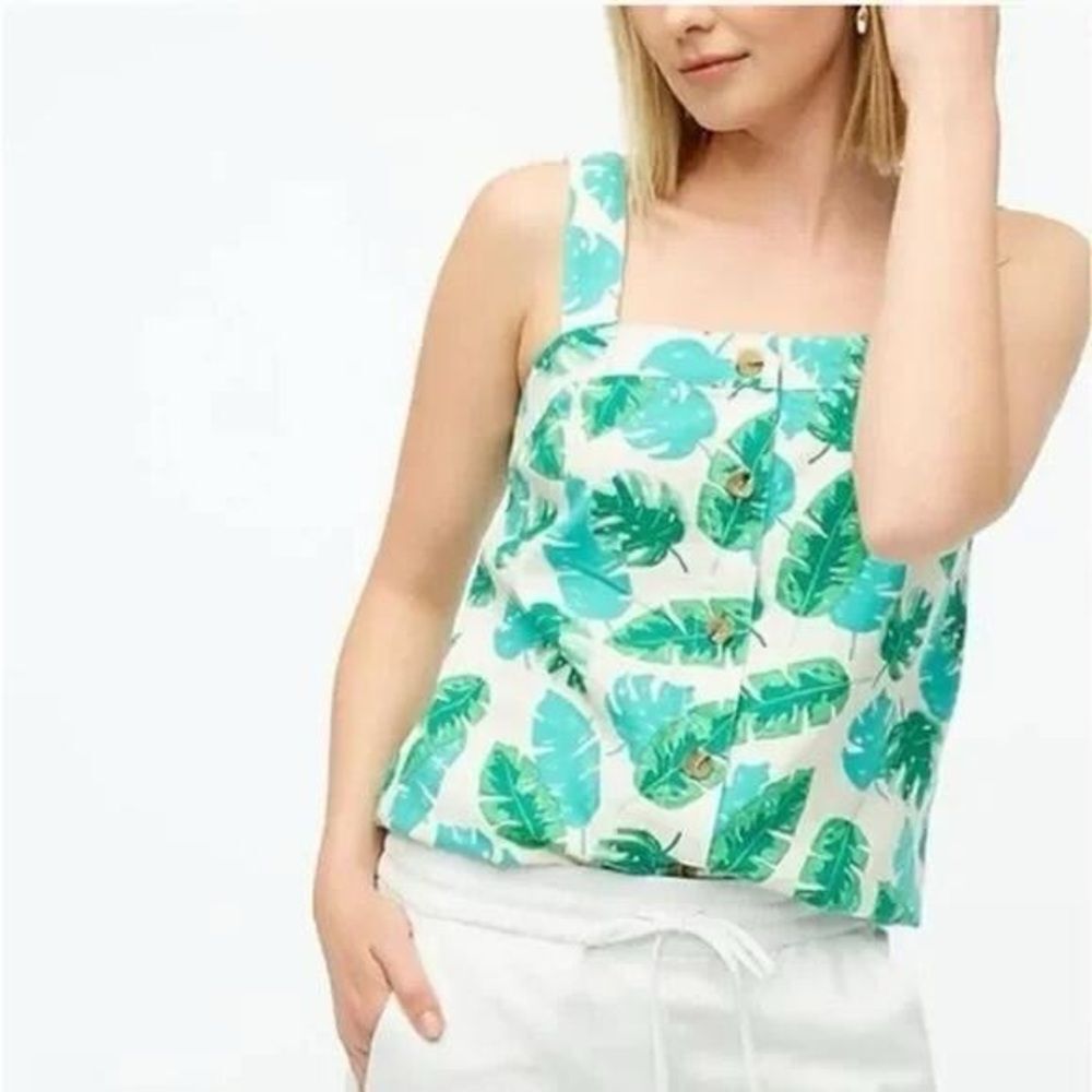 J Crew Women's Linen-Blend Sleeveless Square
Tank Top in Palm Print